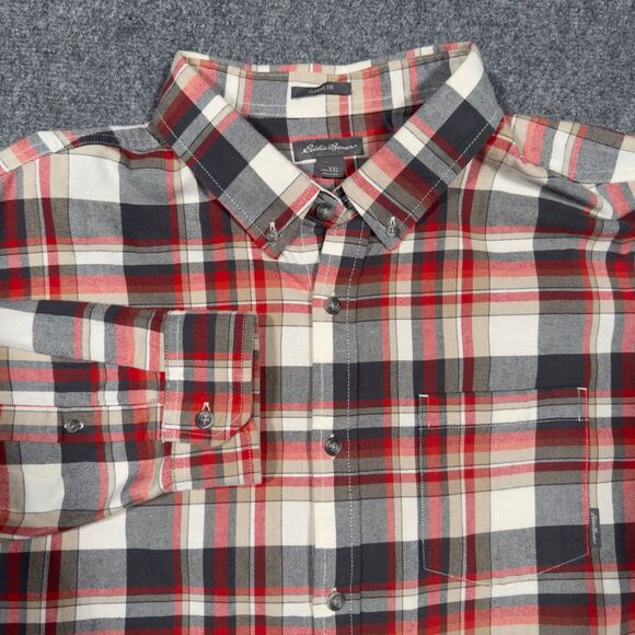 Eddie Bauer Heavyweight Flannel Long Sleeve Button Red Black Tan Shirt XXL 2XL - Picture 1 of 6